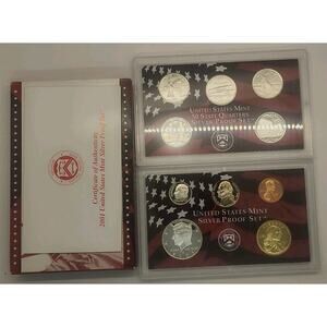 2001 S United States Mint Silver Proof Set , State Quarters, OGP, COA , 10 COINS
